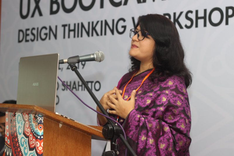 Nilim Ahsan (Co-founder, Userhub) giving her welcome speech to the participants of the UX Boot Camp 2019.