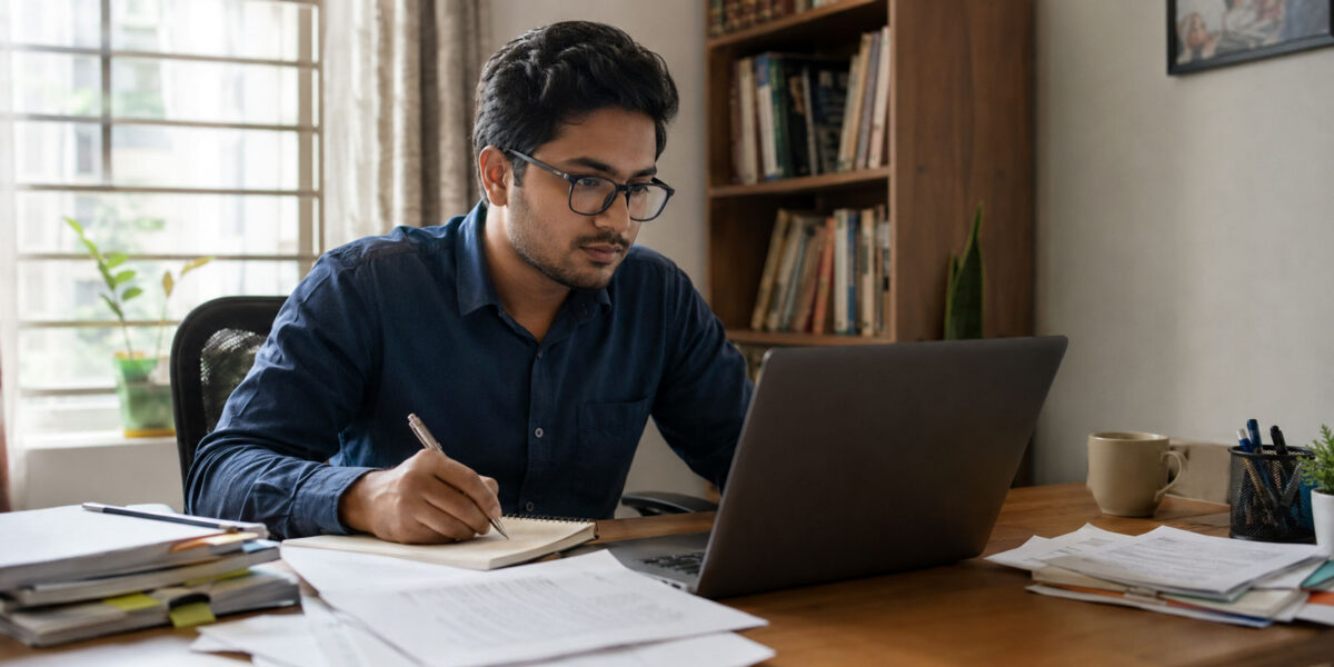 Bangladeshi content writer researching and editing at a laptop with notes on a desk