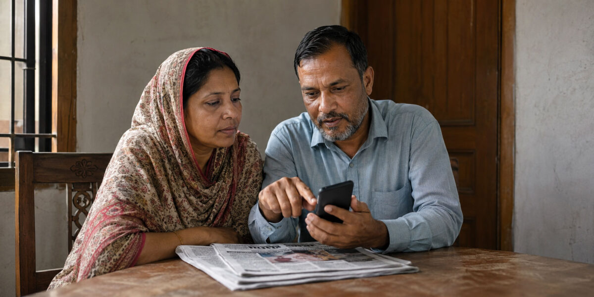 Two Bangladeshi adults comparing information on a smartphone and newspaper.