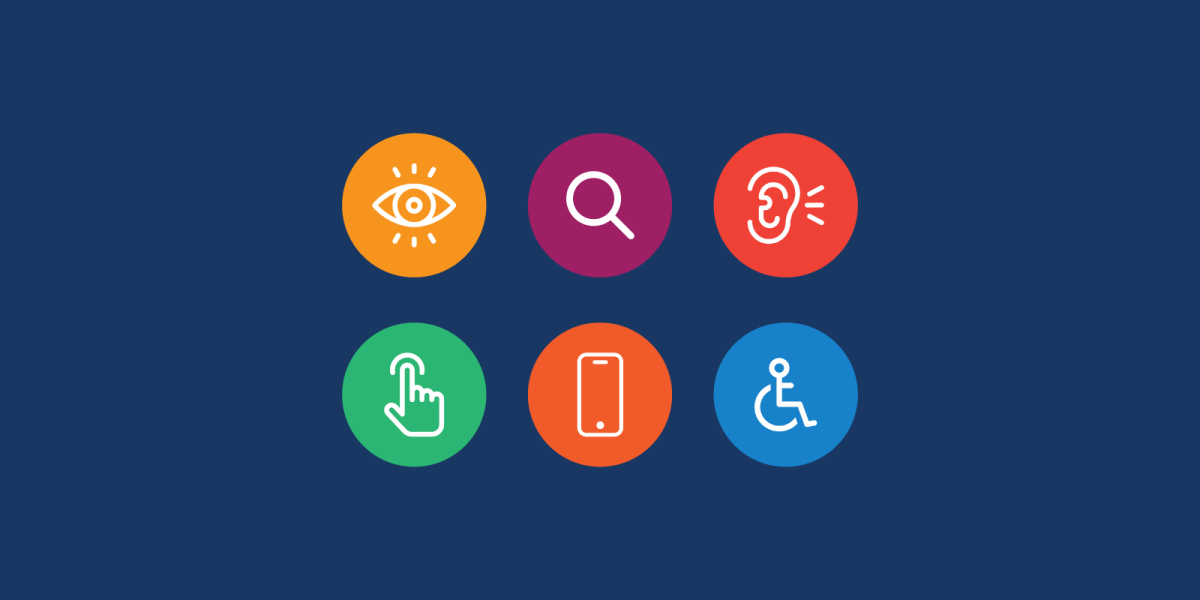 Colorful icons representing various accessibility features: eye for visual accessibility, magnifying glass for search, ear for auditory, touch for interaction, mobile for digital accessibility, and wheelchair for mobility.