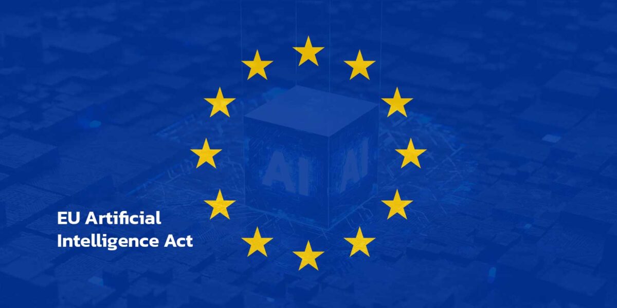 European Union flag with AI-themed design featuring a glowing cube and circuit patterns, symbolizing the EU AI Act and artificial intelligence governance.