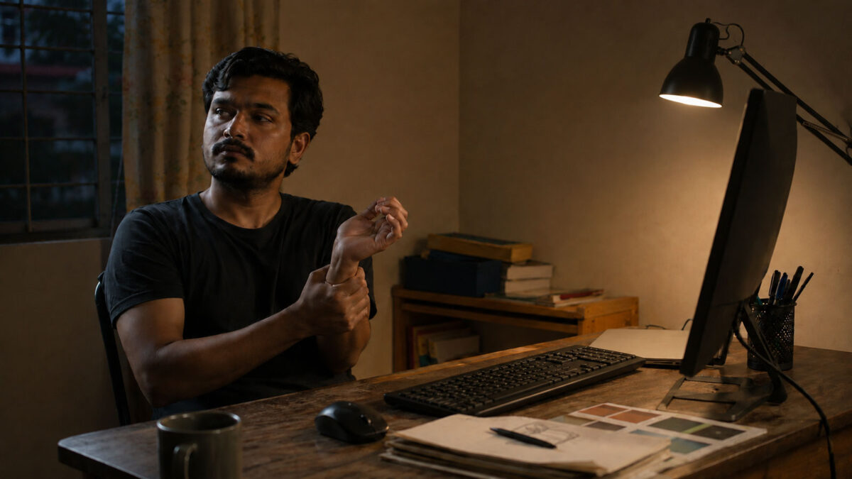 Bangladeshi freelance designer pausing at a computer workstation in the evening