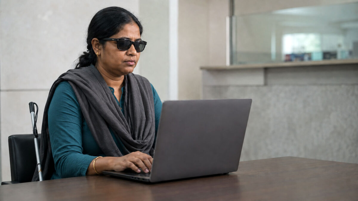 Woman with a visual disability using a laptop at a public-service desk
