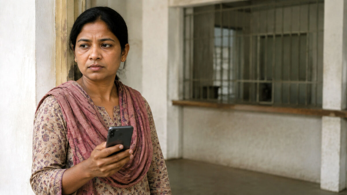 Woman holding a smartphone near a quiet public-service counter